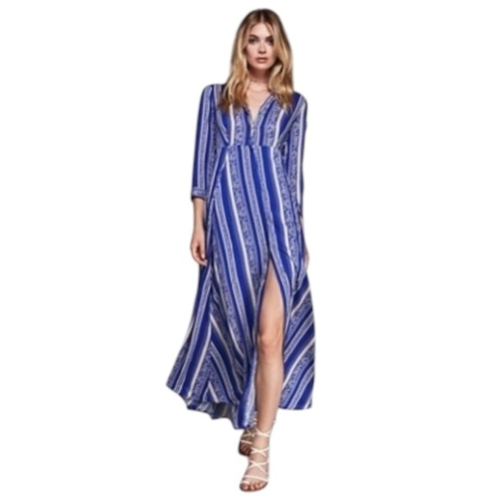 Free People After The Storm‎ Maxi Dress Button Front Paisley 3/4 Sleeve Boho